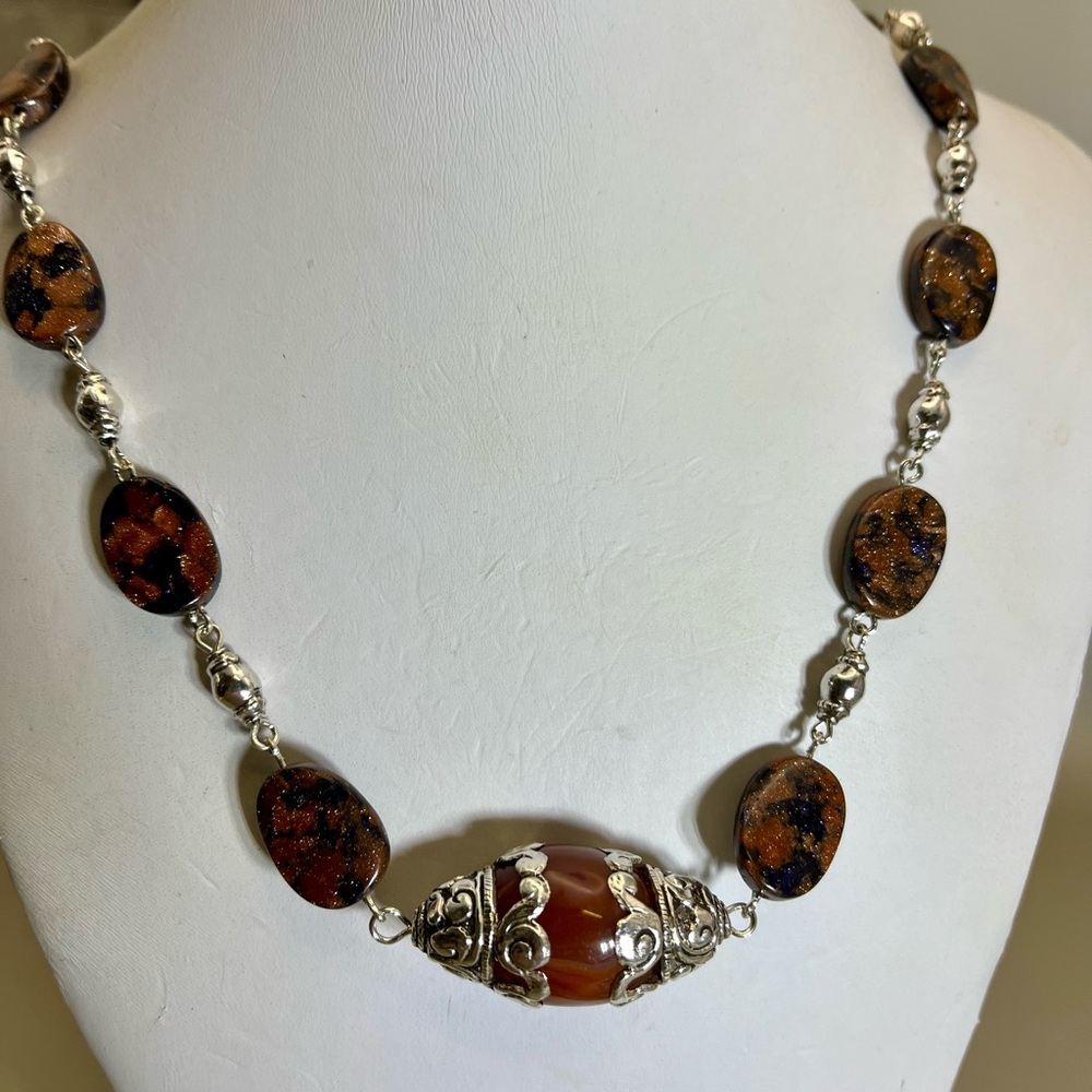 Tibetan Brown Focal and Blue Goldstone Beads and Sterling Silver Necklace
